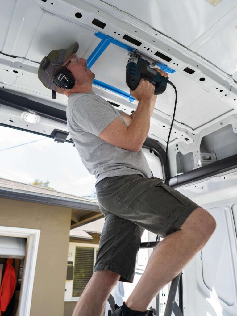 Installing MaxxFan fans in a camper van, cutting hole in roof
