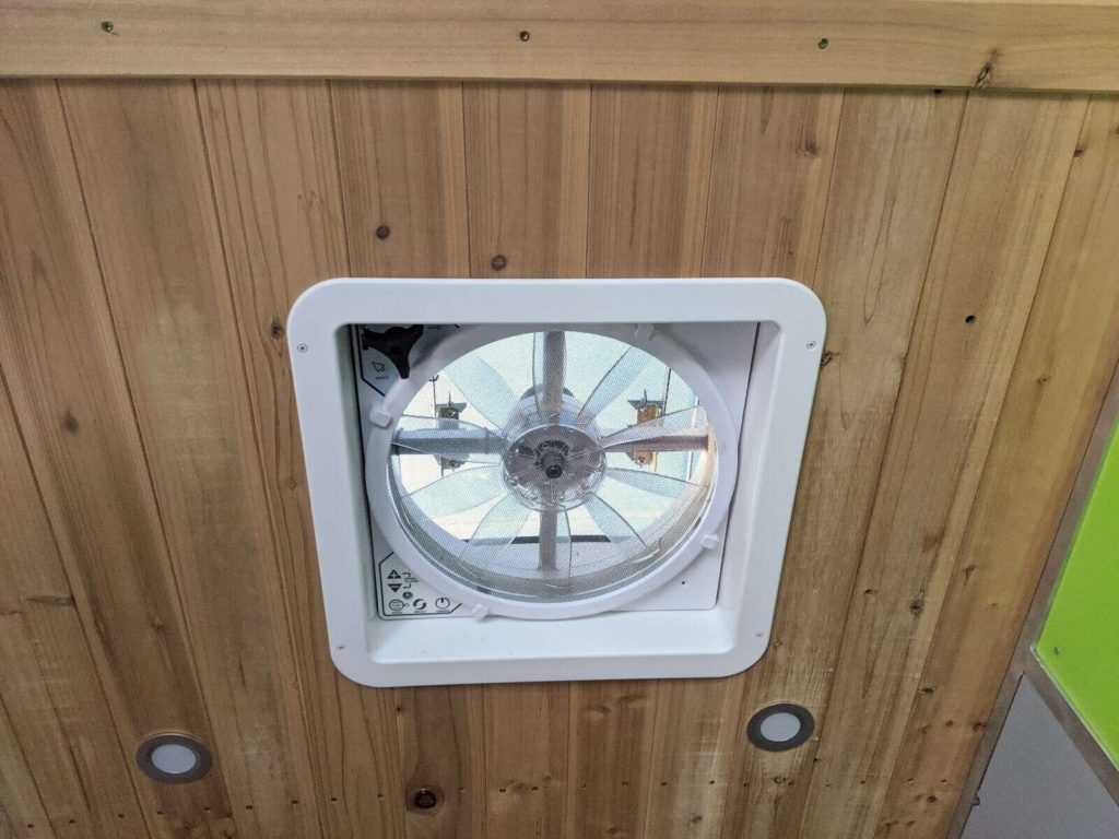 Installing MaxxFan fan in camper van, finished view from interior