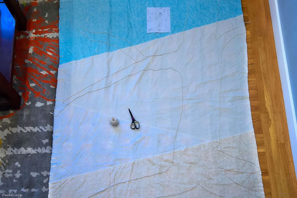 raw-edge applique quilt using string to lay out design